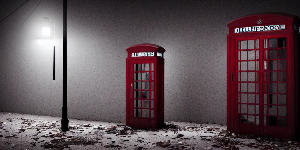 Prompt: an abandoned and deserted telephone booth in the dark of the night, weird, haunted, misty, dark and evil, demonic, sinister, ambient lighting, 8 k render, hyper realistic, photo realistic, unreal engine 5 render