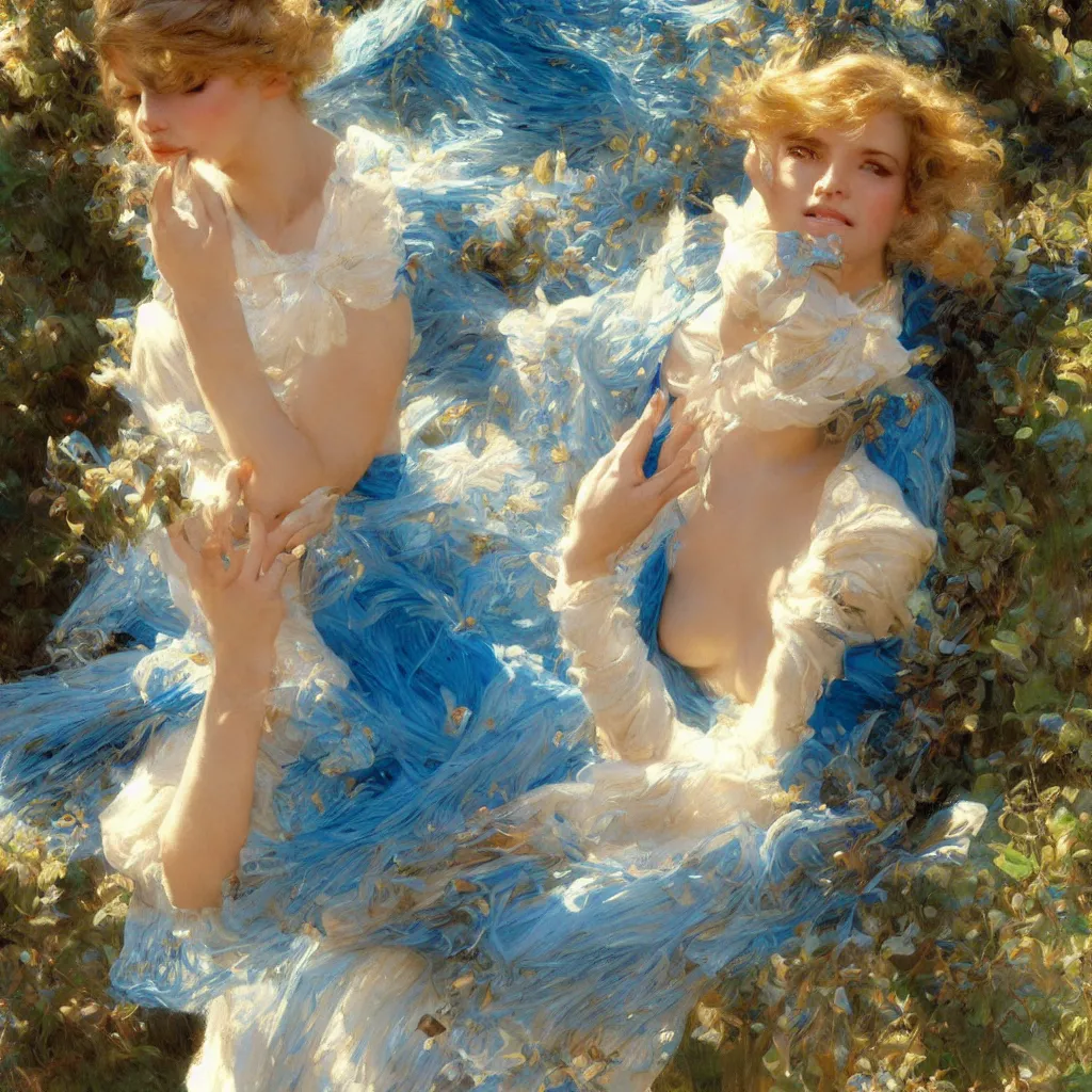 Prompt: detailed cinematic wide angle shot of beautiful attractive woman clean skin blue yese blonde hair, ultra realistic, spring light, painting by gaston bussiere, craig mullins, j. c. leyendecker