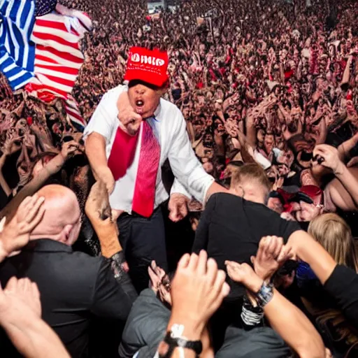 Prompt: Donald Trump in a mosh pit at a Slipknot concert