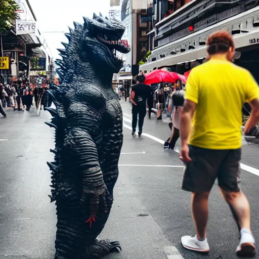 Prompt: a photo of person in godzilla costume walking on busy street