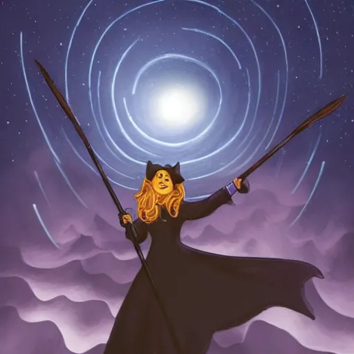 Prompt: the witch is barely visible in the night sky, riding her magical broom