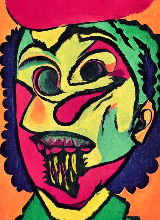 Image similar to ugly vomiting clown in the style of ernst ludwig kirchner