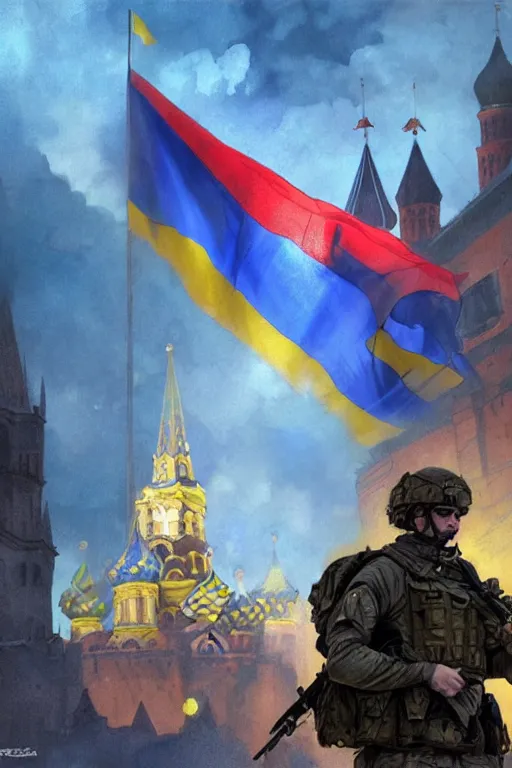 Prompt: special forces soldier raising ukrainian blue and yellow flag on red square kremlin, masculine figure, d & d, fantasy, bright atmosphere, volumetric lights, intricate, elegant, extremely detailed, digital painting, artstation, concept art, matte, smooth, sharp focus, hyper realistic, illustration, art by artgerm and greg rutkowski and alphonse mucha