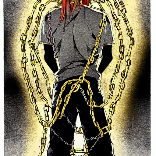 Image similar to A FULL BODY PORTRAIT FROM BEHIND OF MADARA UCHICHA ,THE MAN KEEPS A KUSARIGAMA AND IT IS WRAPPED IN CHAINS ,detailed, concept art, ink style , sketch