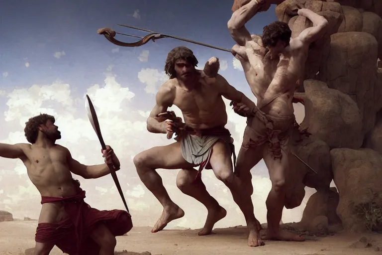 Image similar to ancient historically accurate depiction of the Bible duel bettween the shepherd boy david and Goliath of Gath, the Philistine warrior giant, by frank miller, illustration by Ruan Jia and Mandy Jurgens and William-Adolphe Bouguereau, Artgerm, 4k, digital art, surreal, space dandy style, highly detailed, godsend, artstation, digital painting, concept art, smooth, sharp focus, illustration by Ruan Jia and Mandy Jurgens and William-Adolphe Bouguereau, Artgerm