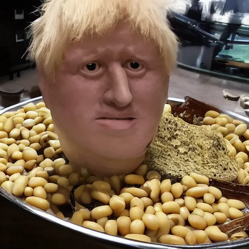 Image similar to boris johnson baked into a bowl of beans