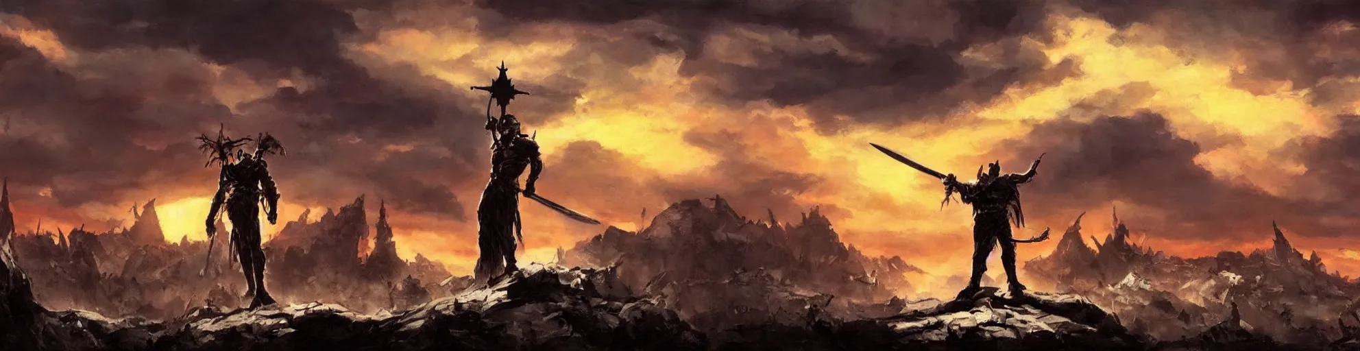 Prompt: dramatic sunset and dramatic sky , lone muscular knight stands the middle with big sword in hand and looks at the sun , painting by frazetta, low angle perspective, postapocalyptic panorama.asthetics !