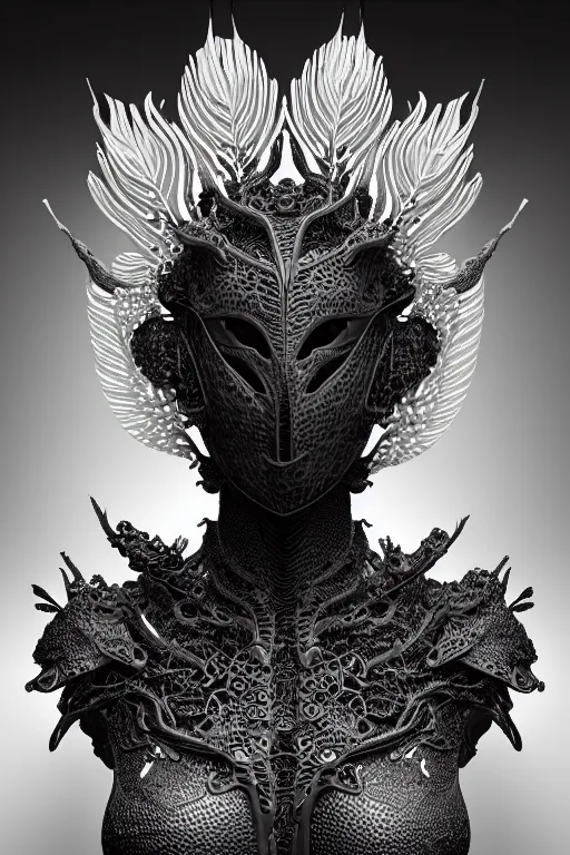 Prompt: close - up profile face, black background, beautiful young porcelain intricate bio - mechanical vegetal - dragon - cyborg - female, white metallic armour, white peacock feathers, roots, 1 9 3 0, mandelbrot fractal, 1 5 0 mm, soft rim light, elegant, hyper real, ultra detailed, octane render, hg giger, 1 6 k