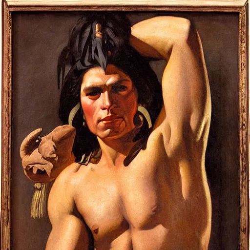 Image similar to portrait of a muscular native american god with the head of a buffalo, by j. c. leyendecker, tamara de lempicka, bouguereau, rockwell