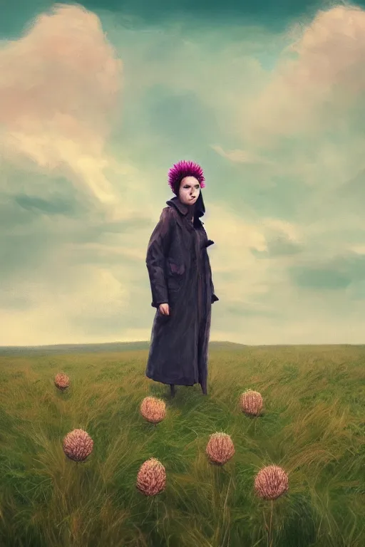 Image similar to portrait, enormous thistle flower head, a girl wearing coat in field, surreal photography, wind and cold, dramatic sky, impressionist painting, digital painting, artstation, simon stalenhag