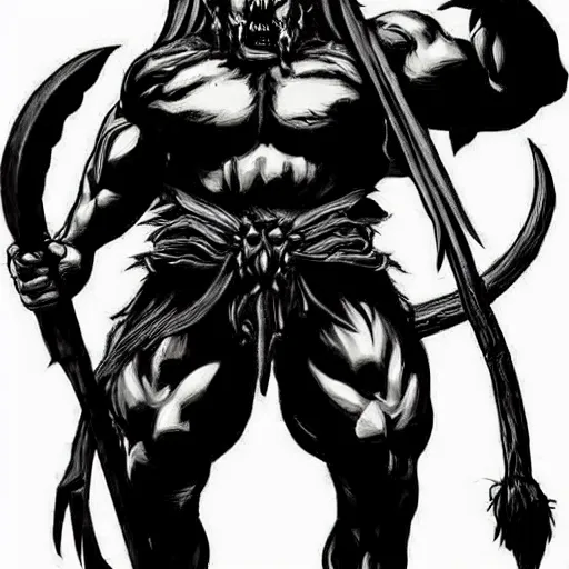 Image similar to intimidating cottagecore satanic demon warrior, muscular, dangerous, concept art, concept charakter