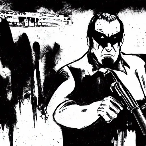 Prompt: milos zeman as sin city character, holding automatic rifle, drawn by frank miller