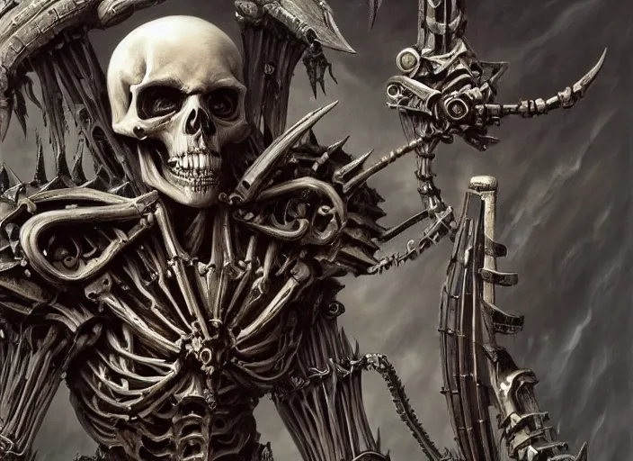 Prompt: an intricate skeletal mechanical evil warrior, highly detailed 4 k painting, dramatic cold light, style of gerald brom