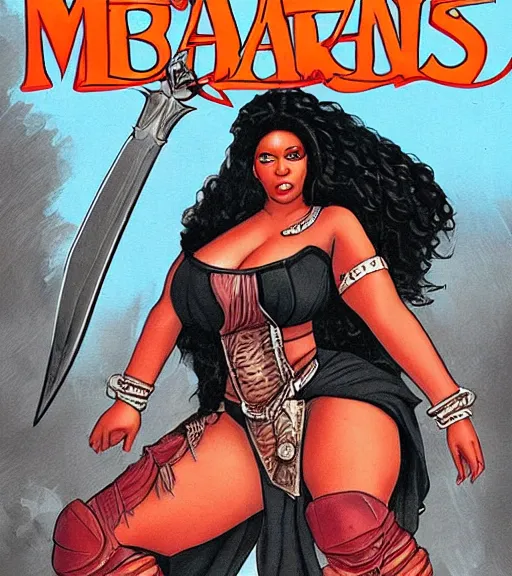 Prompt: 1 9 8 0 s fantasy novel book cover, plus size amazonian nicki minaj in extremely tight bikini armor wielding a cartoonishly large sword, exaggerated body features, dark and smoky background, low quality print
