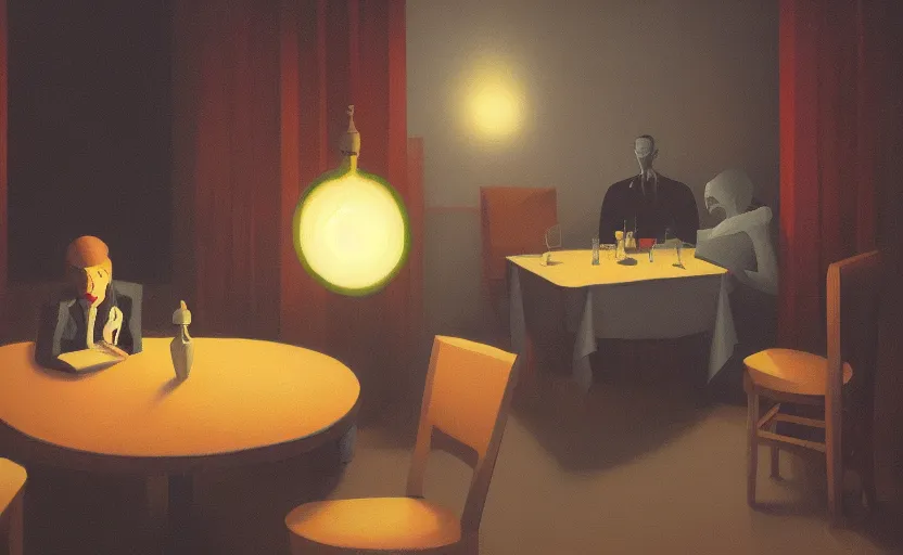 Image similar to a mysterious surreal dimly lit dinner scene illustration by atey ghailan and escher and edward hopper, surreal