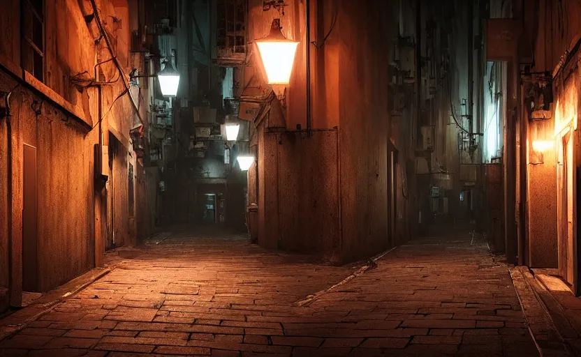 Prompt: dim lit, hongkong dark alley street with a man walking, depth of field, very atmospheric, matte painting, artstation