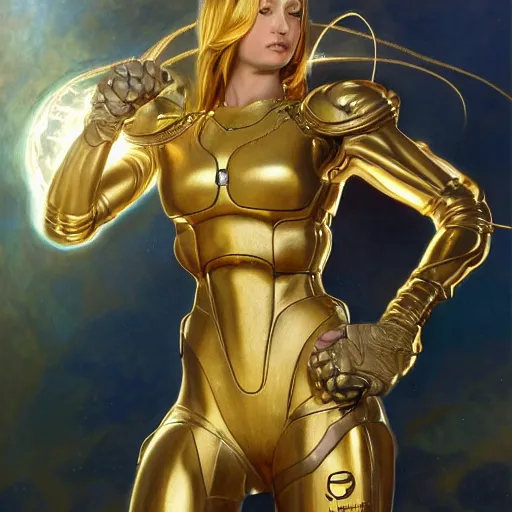 Image similar to Portrait of Samus Aran with golden armor drawn by Donato Giancola and Tom Bagshaw, face by Artgerm, overall design by Alphonse Mucha, background by James Jean and Gustav Klimt, light by Julie Bell, 4k, porcelain skin, komorebi, french nouveau, trending on artstation, octane render, hyperrealistic