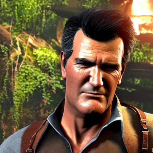 Image similar to a screenshot of bruce campbell in uncharted 4. 3 d rendering. unreal engine. amazing likeness. very detailed. cartoon caricature