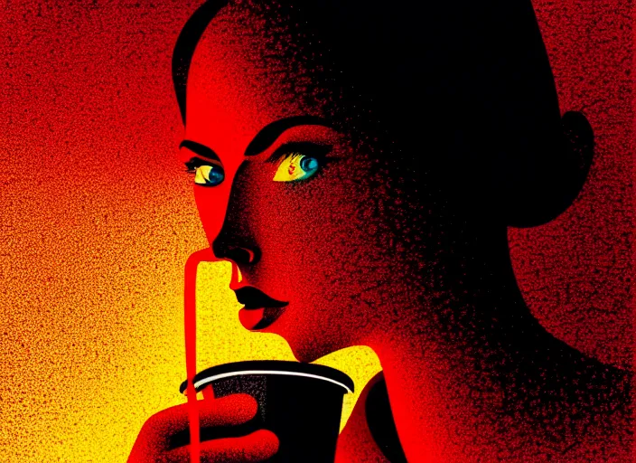 Image similar to portrait of a heroine drinking coffee, colorful,vivid, Mads Berg, Karolis Strautniekas,small finely stippled light, cinematic lighting,fine texutre, editorial illustration, detailed, moody, dynamic composition,perspective
