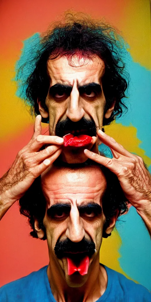 Image similar to award winning photo of frank zappa eating himself, vivid colors, happy, symmetrical face, beautiful eyes, studio lighting, wide shot art by Sally Mann & Arnold Newman