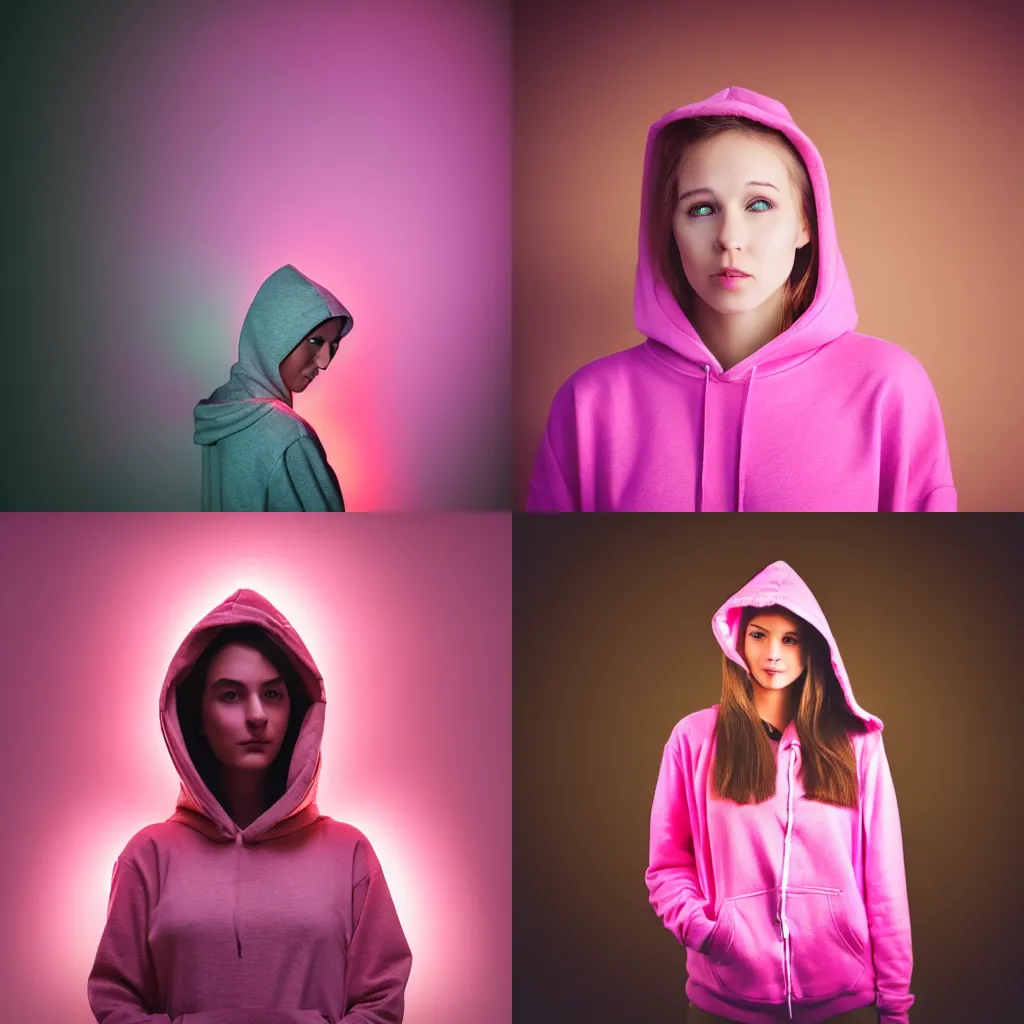 young woman in pink hoodie, portrait, award winning | Stable Diffusion ...