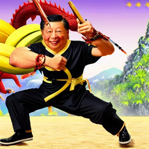 Image similar to Chinese president with bananas weapon, dragon, mountains background, fighting stance