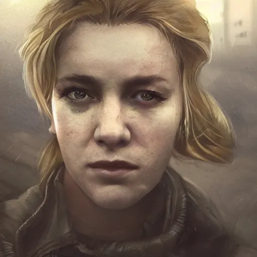 Image similar to fallout 5, charismatic beautiful rugged blonde female protagonist, portrait, outdoors ruined cityscape, atmospheric lighting, painted, intricate, volumetric lighting, beautiful, foggy, daytime, slight overcast weather, sharp focus, deep colours, ultra detailed, by leesha hannigan, ross tran, thierry doizon, kai carpenter, ignacio fernandez rios