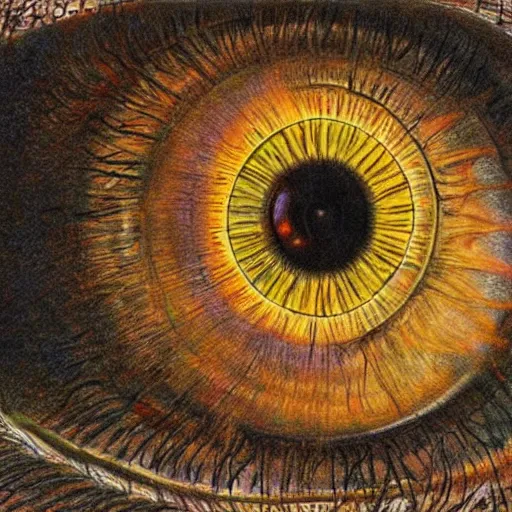 Prompt: robust, elaborate by bob eggleton, by louis majorelle. a drawing of a large eye that is looking directly at the viewer. the eye is composed of a myriad of colors & patterns, & it is surrounded by smaller eyes.