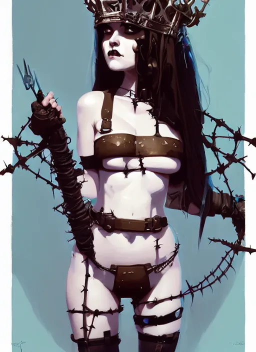 Image similar to portrait of cute goth maiden girl with crown of thorns, dressed in belts bikini, warhammer, cyberpunk, by atey ghailan, by greg rutkowski, by greg tocchini, by james gilleard, by joe gb fenton, by kaethe butcher, dynamic lighting, gradient light blue, brown, blonde cream and white color in scheme, grunge aesthetic