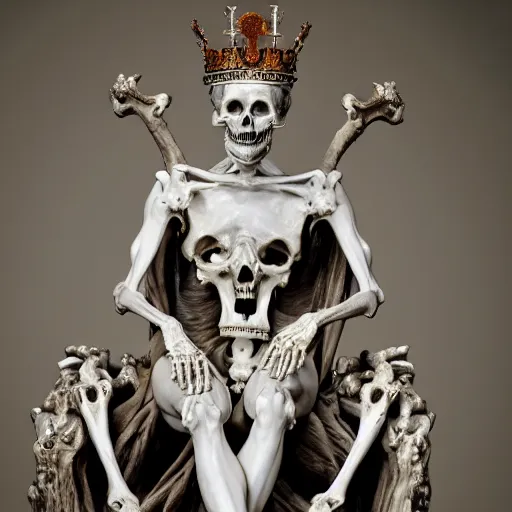 Image similar to a full figure marble sculpture of the queen of bones, detailed face, full figure, crown of skulls, sitting on a throne of bones, by michaelangelo, high detail, hard lighting, 4 k