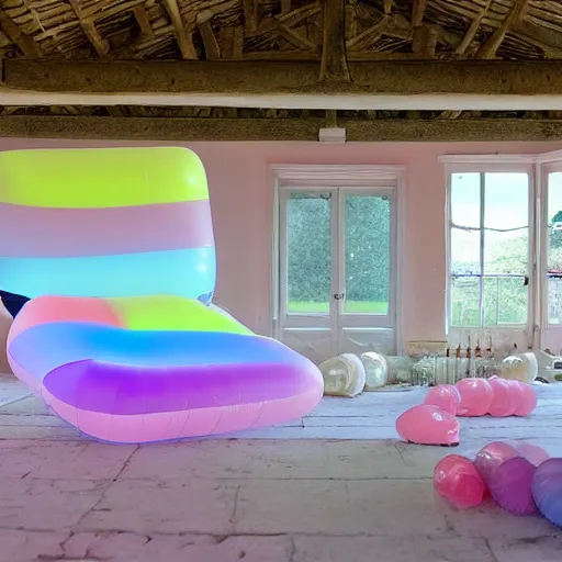 Prompt: a pastel colour high fidelity wide angle Polaroid art photo from a holiday album at a British farm with abstract inflatable parachute furniture, all objects made of transparent iridescent Perspex and metallic silver, no people, iridescence, nostalgic