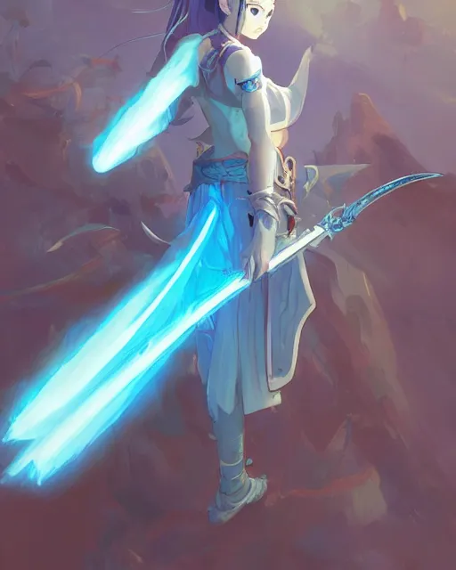 Image similar to a female warrior holding a glowing blue sword, magical. By Makoto Shinkai, Stanley Artgerm Lau, WLOP, Rossdraws, James Jean, Andrei Riabovitchev, Marc Simonetti, krenz cushart, Sakimichan, trending on ArtStation, digital art.