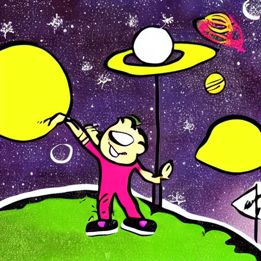 Image similar to Cartoon, Illustration, Ink, Man playing discgolf in space,