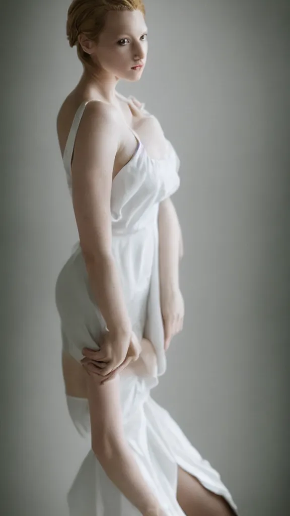 Prompt: an extremely beautiful studio shot of emily skinner looking like annie leonhart wearing heels and white dress, in a white room, pale skin, bokeh, very very very very beautiful!!, hard focus, sexy pose, full body shot, 9 0 mm, f / 1. 2 5