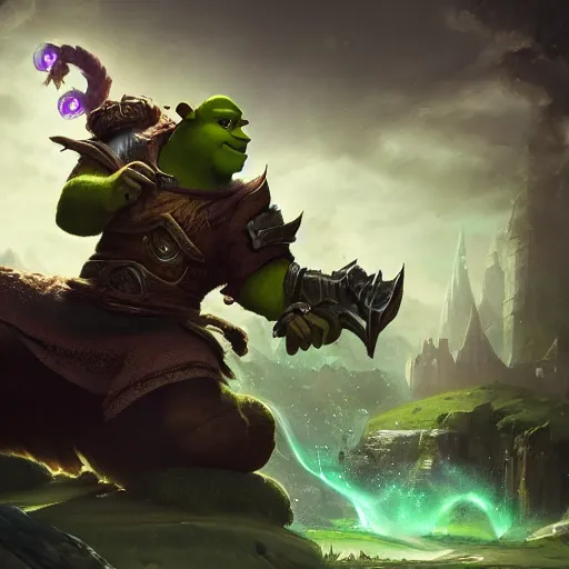 Prompt: Shrek, League of Legends amazing splashscreen artwork, splash art,natural light, elegant, intricate, fantasy, atmospheric lighting, by Greg rutkowski, league of legends splash art, hd wallpaper, ultra high details