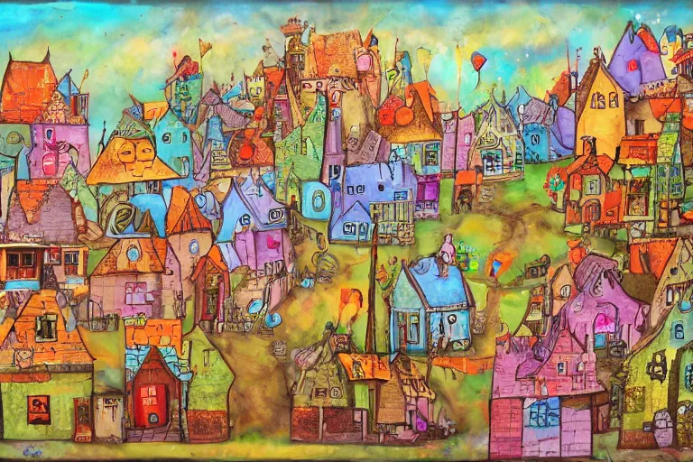 Prompt: a fantasy town, mixed media on canvas, 2 d, whimsical,