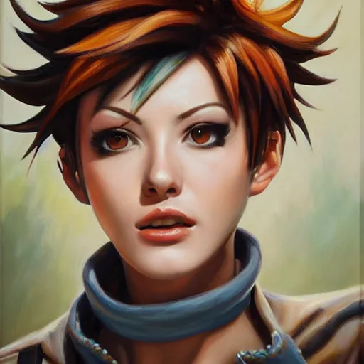 Prompt: oil painting of tracer overwatch in a field wearing o - ring choker around neck, in style of mark arian, expressive face, detailed face, detailed eyes, full body, feminine face, tracer overwatch,