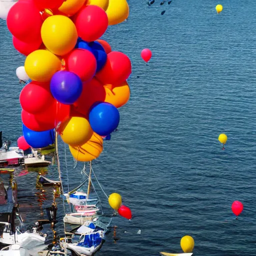 Image similar to photo of a lot of birthday balloons floating above a beautiful maritime port. sharp focus, highly - detailed, award - winning, epic cinematic