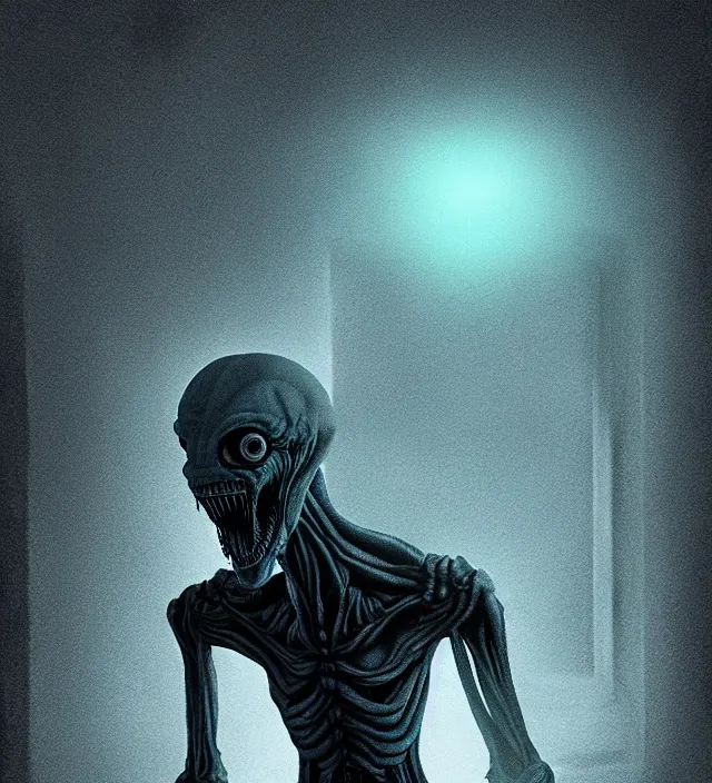 Image similar to a nightmare ghost monster alien standing in front of a window, volumetric lighting, in the style of stephen king, inspired by lovecraft, inspired by jeffrey smith