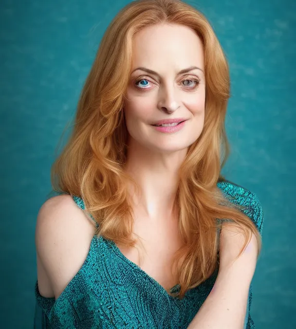 Image similar to beautiful portrait photo of Heather Graham, slight smile, 85mm, teal studio backdrop, Getty images