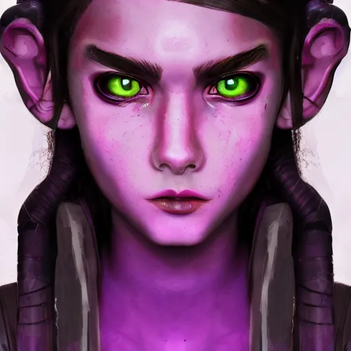 Image similar to artstation young teen with purple eyes and very thin purple tentacles on her head, furious, very detailed, portrait, high contrast, unreal engine 5