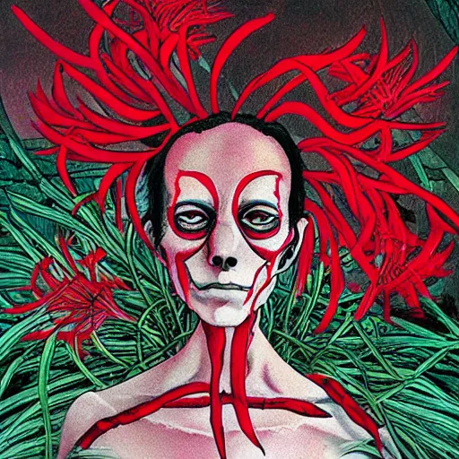 Image similar to death incarnated as a person amidst red spider lilies