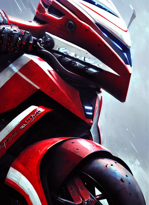 Image similar to portrait epic armored motogp bike with red blu and white accent. highly detailed, digital painting, concept art, smooth, sharp focus, illustration, art by greg rutkowski