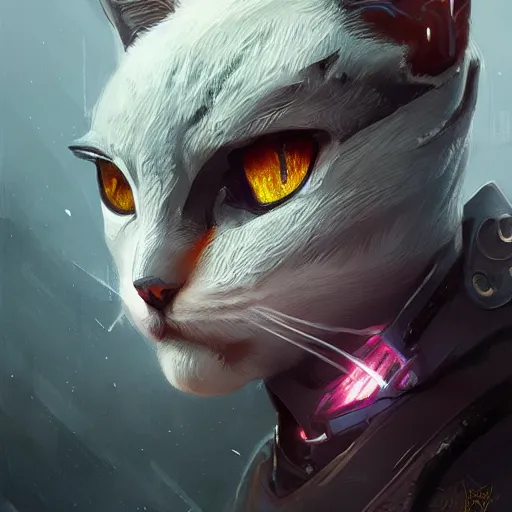 Image similar to cyborg cat, fantasy, portrait, highly detailed, digital painting, trending on artstation, concept art, sharp focus, illustration, art by artgerm and greg rutkowski and magali villeneuv