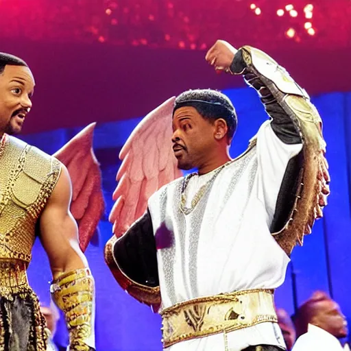 Image similar to will smith slap chris rock in the face, dressed as gladiator, with angels wings, in theater