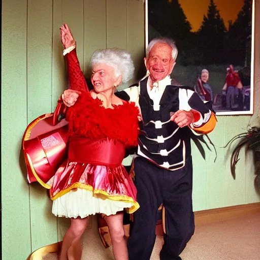 Image similar to a couple of grandparents of 1 0 0 years old wearing knight iron costume and dancing, kodachrome, backlight, add a glow around subj. edge, in twin peaks, 1 9 9 0 s