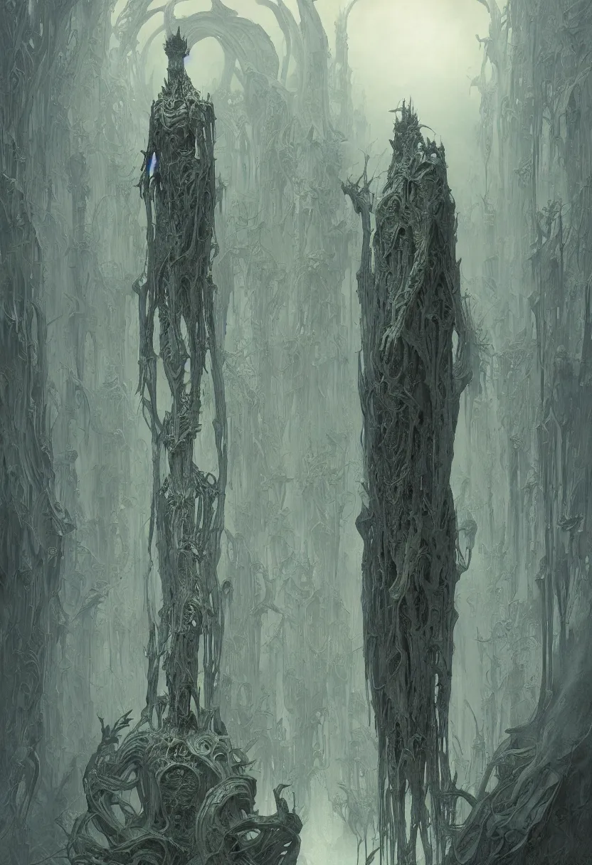 Image similar to ominous figure standing at the opening of an interdimensional portal, by daniel - by greg rutkowski and raymond swanland hr giger and zdzislaw beksinski and alphonse mucha and moebius, matte painting, hyperdetailed, symmetry, art nouveau, beautiful render, concept art