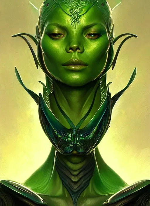 Prompt: portrait with no signature of aggressive alien, d & d, muscular! green, fantasy, intricate, elegant, highly detailed, digital painting, artstation, concept art, smooth, sharp focus, illustration, art by artgerm and greg rutkowski and alphonse mucha