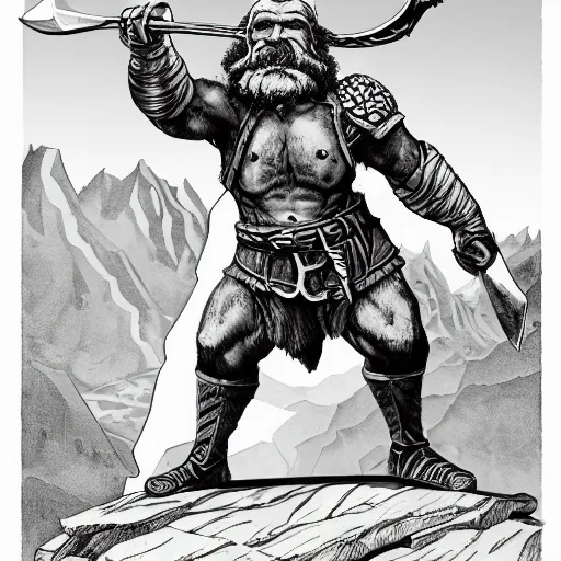 Image similar to line drawing of a fantasy dwarf fighter with a huge iron axe, sunny day, matte painting, bold shapes, hard edges, 7 0 s dungeons and dragons book cover art by greg irons, dave sutherland