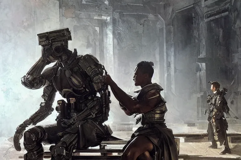 Prompt: an intense battle rages behind an android soldier sitting on a bench, laser blasts, dramatic, he is sad, hunched shoulders, detailed concept art by caravaggio and greg rutkowski and norman rockwell and ruan jia